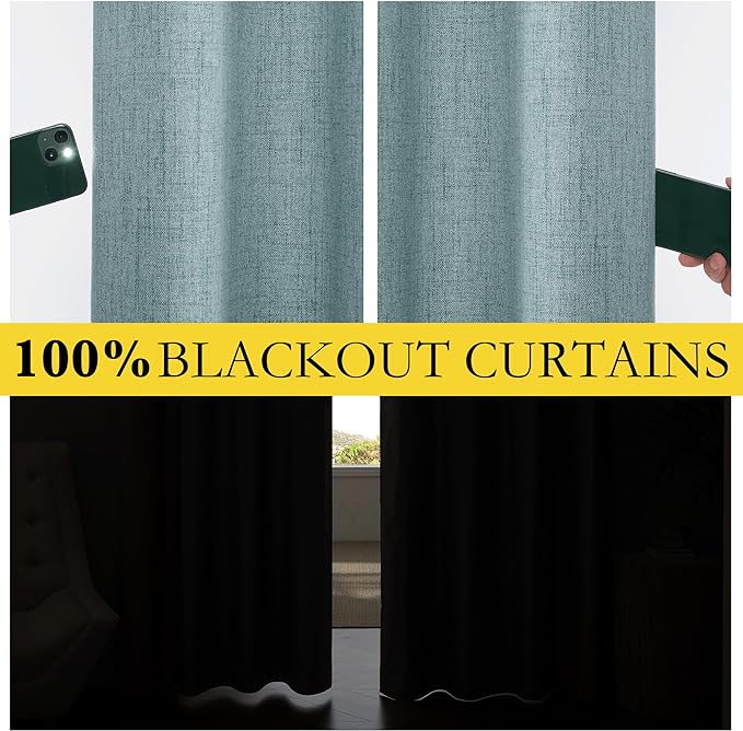 NICETOWN 100% Absolutely Blackout Linen Curtains with Thermal Insulated Liner, Skylark Blue, 42" Wide, 45" Length Energy Saving Curtains for Dining Room 2 Panels Set, Vertical Blinds