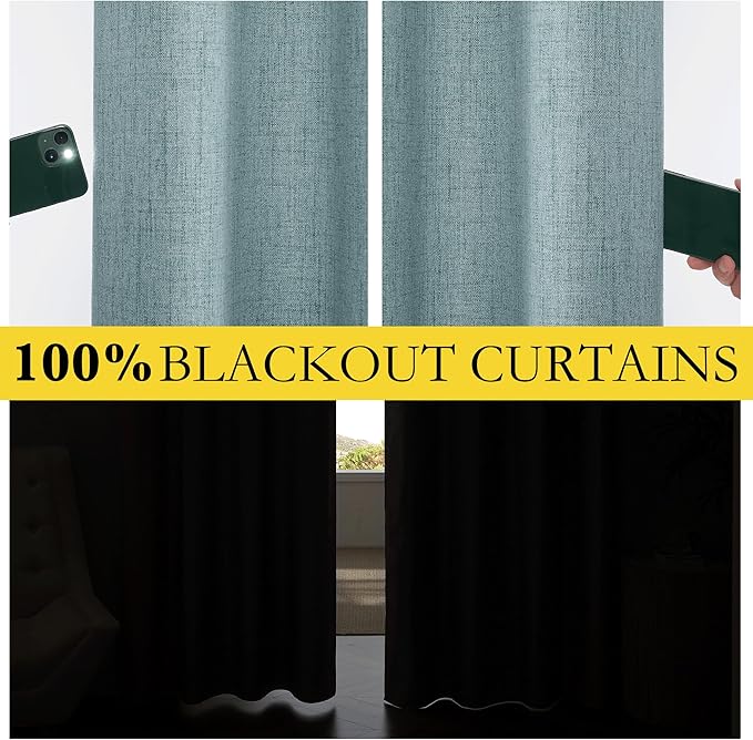 NICETOWN 100% Absolutely Blackout Linen Curtains with Thermal Insulated Liner, Skylark Blue, 62" Wide, 63" Length Energy Saving Curtains for Kitchen 2 Panels Set, Vertical Blinds