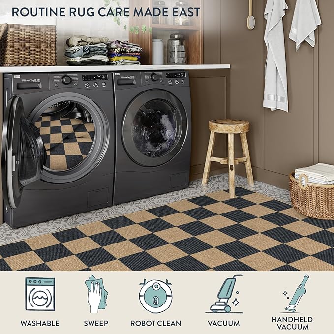 Lahome Colette Checkered Easy Jute Runner Rug, 2x8 Kitchen Rug Non Slip Washable Outdoor Runner for Entryway Indoor, Checkerboard Black Indoor Outdoor Carpet for Hallway 8ft Entry