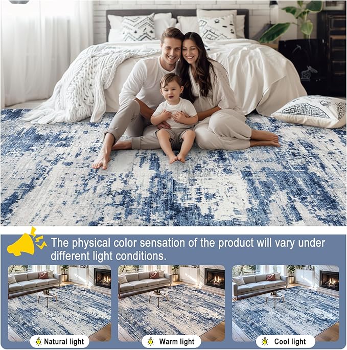 Area Rugs 9x12 Living Room - Washable Rug Modern Abstract Soft Large Neutral Non-Slip Carpet Indoor Floor Thin Carpets for Bedroom Dining Room Farmhouse Nursery Home Office Blue Gray