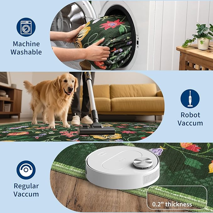 GarveeHome Washable Rug 3x5 Area Rugs for Living Room, Floral Rug for Bedroom, Soft Boho Non Slip Throw Rugs with Rubber Back, Low Pile Stain Resistant Vintage Floral Carpet for Dining Room, Green