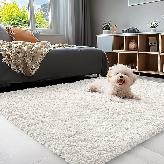 OLANLY 4x8 Area Rugs for Living Room Bedroom, Machine Washable Soft Fluffy Shaggy Bedside Rug, Indoor Floor Carpet for Kids Girls and Boys, Dorms, Nursery Rooms, Home Decor Aesthetic, Ivory