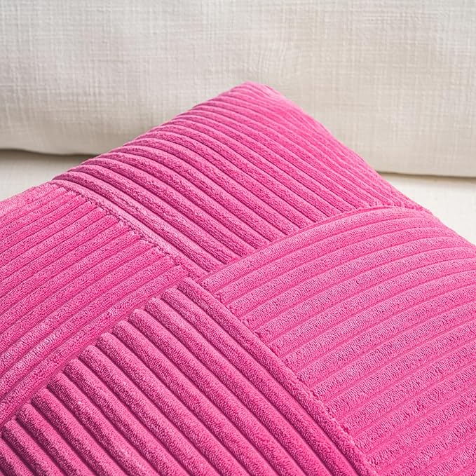 Fancy Homi 2 Packs Hot Pink Decorative Throw Pillow Covers 22x22 Inch for Living Room Couch Bed, Rustic Farmhouse Boho Home Decor, Soft Corss Corduroy Patchwork Accent Square Cushion Case 55x55 cm