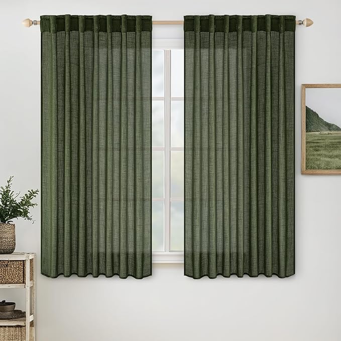 MIULEE Olive Green Linen Curtains 63 Inch Length 2 Panels for Bedroom Living Room, Soft Thick Linen Textured Natural Window Drapes Semi Sheer Light Filtering Back Tab Rod Pocket Burlap Look Decor