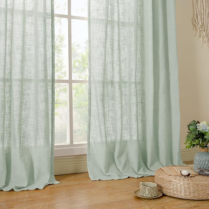 LAMIT Short Linen Window Curtains 30 Inches Long 2 Panels, Light Sage Semi Sheer Light Filtering Panels Back Tab and Rod Pocket Neutral Drapes for Basement/Small Windows, 34 x 30 Inch