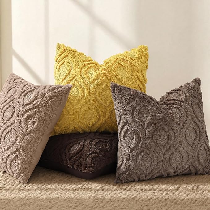decorUhome Throw Pillow Covers 24x24 Inch Set of 2, Soft Plush Faux Wool Brown Solid Couch Pillow Covers, Accent Euro Sham Farmhouse Neutral Square Pillow Cases for Sofa Bed Living Room