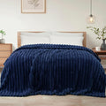 Exclusivo Mezcla Queen Size Flannel Fleece Blanket, Super Soft Striped Jacquard Bed Blanket, Lightweight Fuzzy Cozy for All Seasons, 90x90 Inches, Navy Blue
