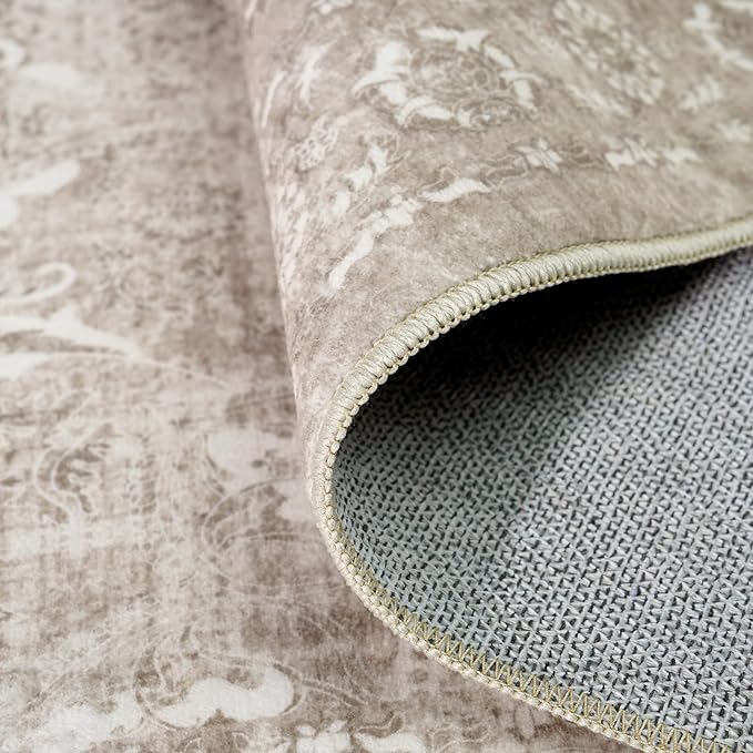 4x12 Washable Hallway Runner Rug - Wide Kitchen Runners Vintage Low Pile Carpet Soft Thin Floor Runner with Rubber Backing for Entryway Bedroom Living Room Home Decor (Beige)
