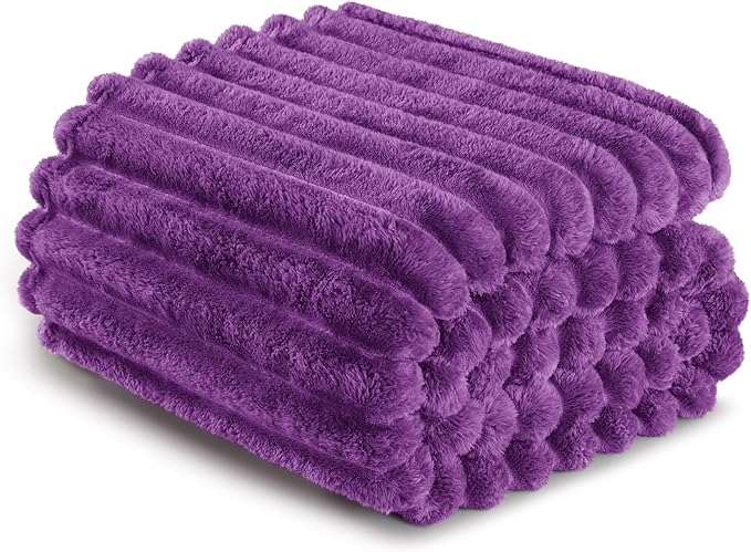 Exclusivo Mezcla Fleece Throw Blanket for Couch, Super Soft Striped Jacquard Bed Blanket, Lightweight Fuzzy Cozy for All Seasons, 50x60 Inches, Purple
