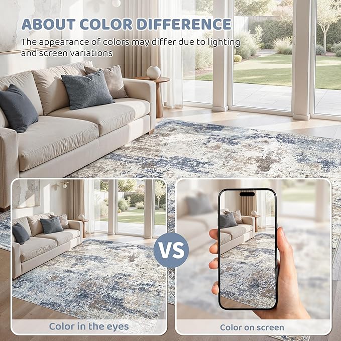 UERMEI 5x7 Area Rug Living Room Rugs Thickened - Washable Neutral Modern Abstract Soft Rug Indoor Floor No Slip Rug Carpet for Bedroom Under Dining Table Home Office Decor - Denim Blue