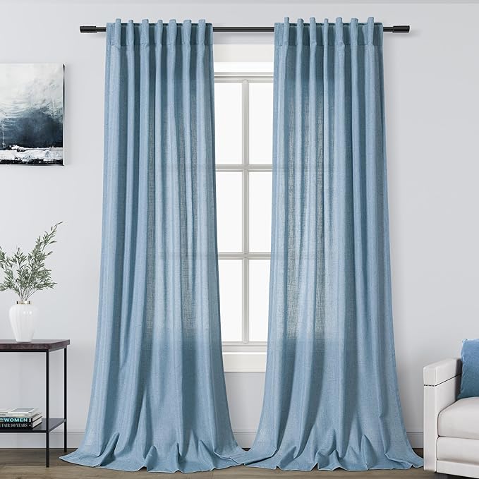 Linen Blue Curtains 120 inch Extra Long for Living Room Back Tab Light Filtering Semi Sheer Drapes Modern Farmhouse Coastal Decor Cotton Textured Curtain for Floor to Ceiling High Window 52x120