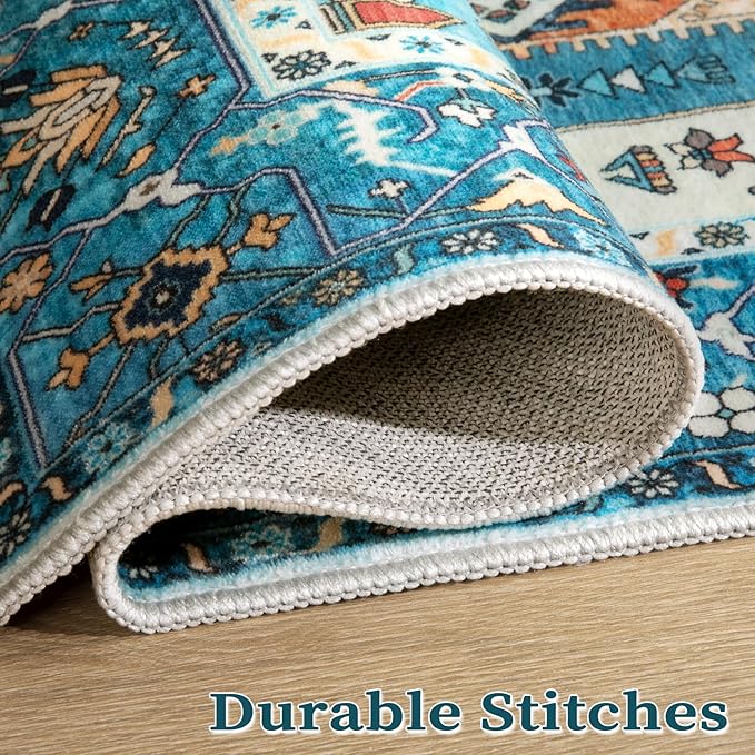 SERISSA 8x10 Area Rugs Blue, Washable Large Boho Rugs for Living Room, Ultra Soft Non-Slip Bedroom Rug Print Distressed Vintage Tribal Farmhouse Carpet Rug for Dining Room Dorm Office Home Decor