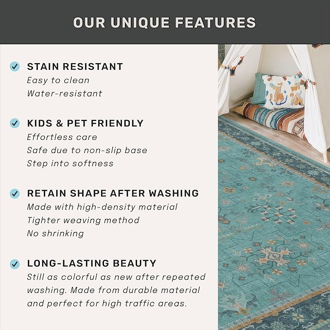 Boho Teal 7x9 Soft Rugs for Living Room, Washable Turquoise Rug for Bedroom Under Bed, Vintage Non Slip Floral Dining Room Carpet, Low Pile Soft Fade Resistant
