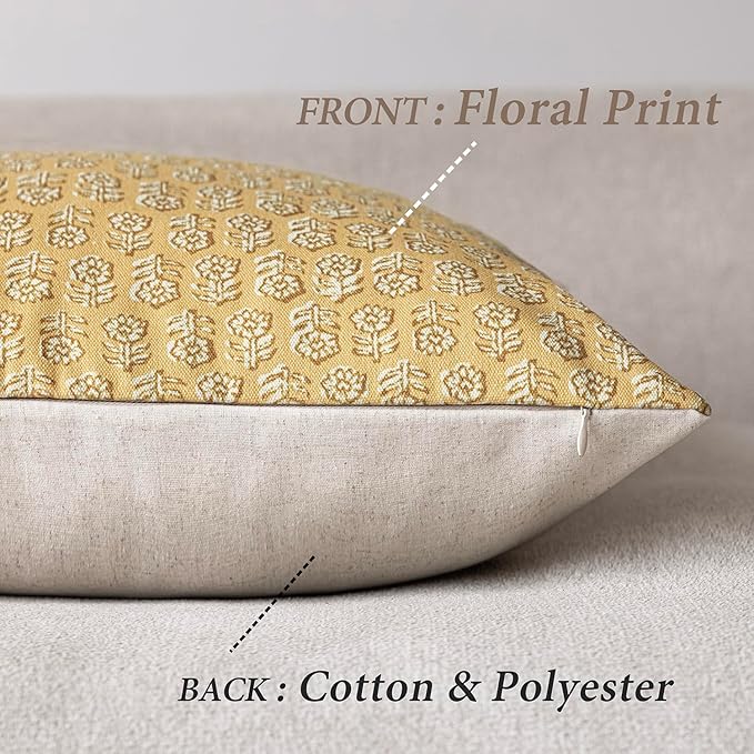 Foindtower Set of 2 Decorative Neutral Floral Print Throw Pillow Covers Vintage Accent Farmhouse Cushion Covers Boho Home Decor For Sofa Couch Chair Bedroom Living Room Outdoor,20×20 Inch,Light Yellow