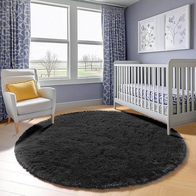 ONASAR Black Round Rugs 7ft for Living Room, Fluffy Bedroom Circle Area Rug, Soft Plush Shaggy Carpet for Kids Girls Boys Teen Nursery Dorm Classroom Playroom Home Decor Aesthetic