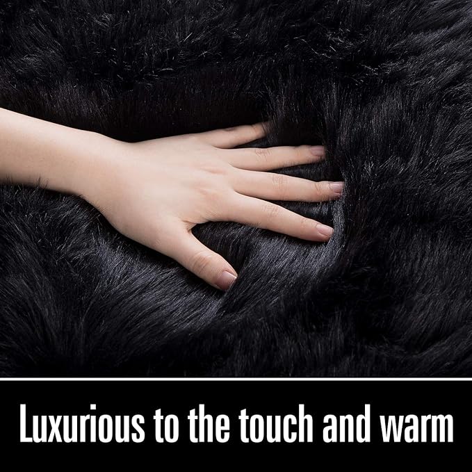 LOCHAS Soft Fluffy Faux Fur Rugs for Bedroom Bedside Rug 2x4 Feet, Washable, Furry Sheepskin Area Rug for Living Room Girls Room, Luxury Shag Carpet Home Decor, Black
