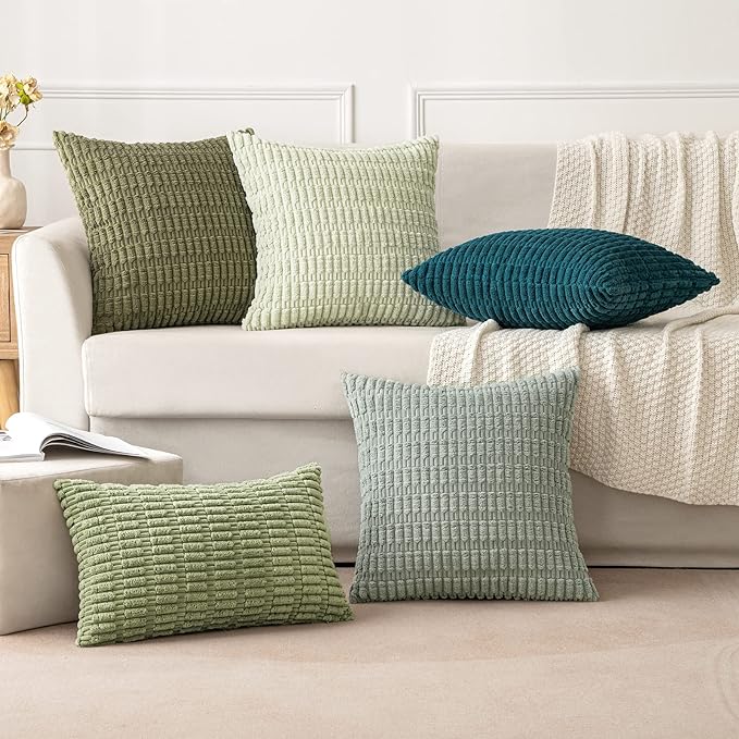 MIULEE Pack of 2 Spring Corduroy Decorative Throw Pillow Covers 12x12 Inch Soft Boho Striped Pillow Covers Modern Farmhouse Home Decor for Summer Sofa Living Room Couch Bed Sage Green