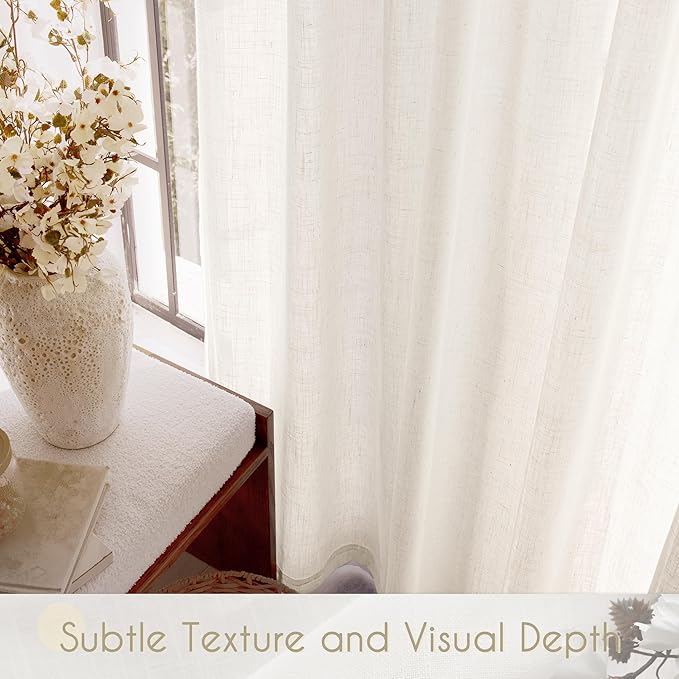 Cream Linen Curtains 63 inch Length 2 Panel Set for Living Room Back Tab Rod Pocket Semi Sheer Light Filtering Bedroom Window Curtain 63 inch Long Modern Farmhouse Neutral Ivory Linen Drapes 60x63