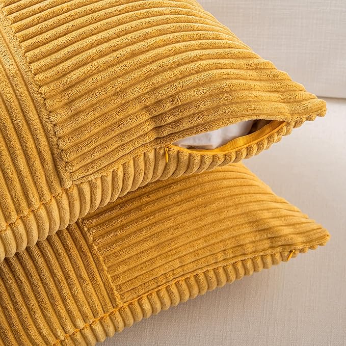 Fancy Homi 2 Packs Gold Yellow Spring Decorative Throw Pillow Covers 16x16 Inch for Couch Bed Sofa, Rustic Farmhouse Boho Home Decor, Soft Corss Patchwork Corduroy Textured Square Cushion Case 40x40cm