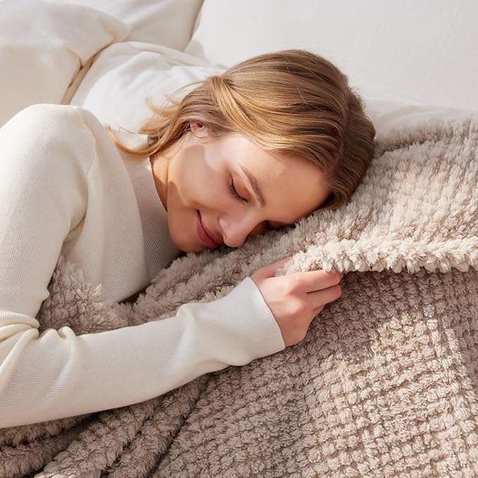 Whale Flotilla Queen Size Fuzzy Fleece Blanket for Bed, 90x90 Inch Fluffy Warm Soft Jacquard Blankets for All Season, Lightweight and Cozy, Camel