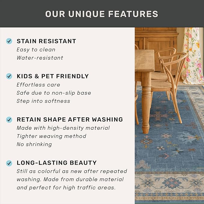 Hazo Haus Non Slip 10ft Long Hallway Runner Rug Blue - 2 x 10 Runner Rug, Washable & Waterproof 2x10 Kitchen Floor Mat - Modern Eclectic Boho Design Décor