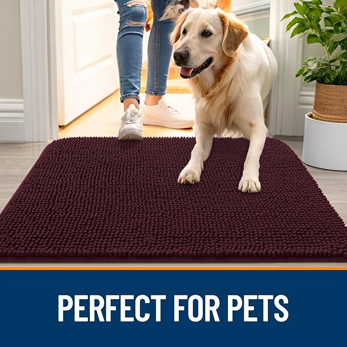 OLANLY Dog Door Mat for Muddy Paws 59x35, Absorbs Moisture and Dirt, Absorbent Non-Slip Washable Doormat, Quick Dry Chenille Mud Mat for Dogs, Entry Indoor Entryway Carpet for Inside Floor, Russet