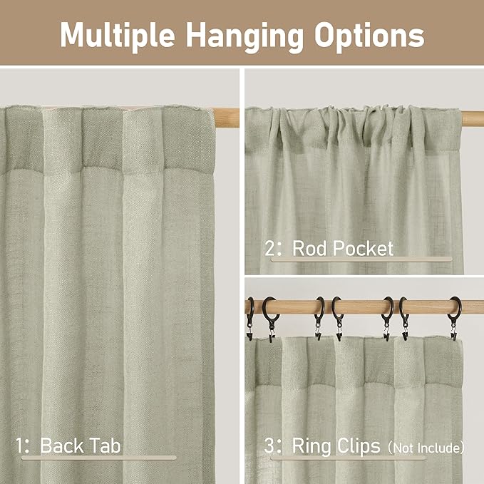 LAMIT Sage Grey Linen Boho Curtains 78 inch Length 2 Panels, Light Filtering Semi Sheer Panels Back Tab and Rod Pocket Neutral Drapes for Bedroom/Living Room, 52 x 78 Inch