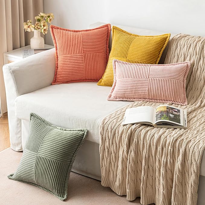 MIULEE Decorative Throw Pillow Covers for Couch Bed Livingroom 18x18 Inch Set of 2 Light Olive Green Boho Accent Throw Pllows Broadside Striped Patchwork Soft Corduroy Summer Pillowcases