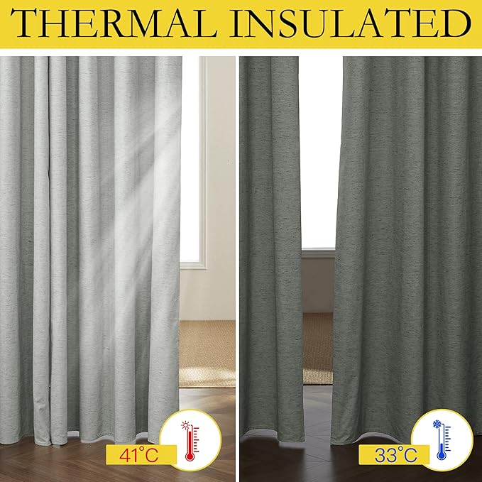 NICETOWN Grey Long Linen Full Shade Panels 2 Panels Set, 52" Wide x 102" Long, Thermal Insulated & Energy Efficiency Blackout Curtains for Living Room, Lined Silky Performance Window Dressing
