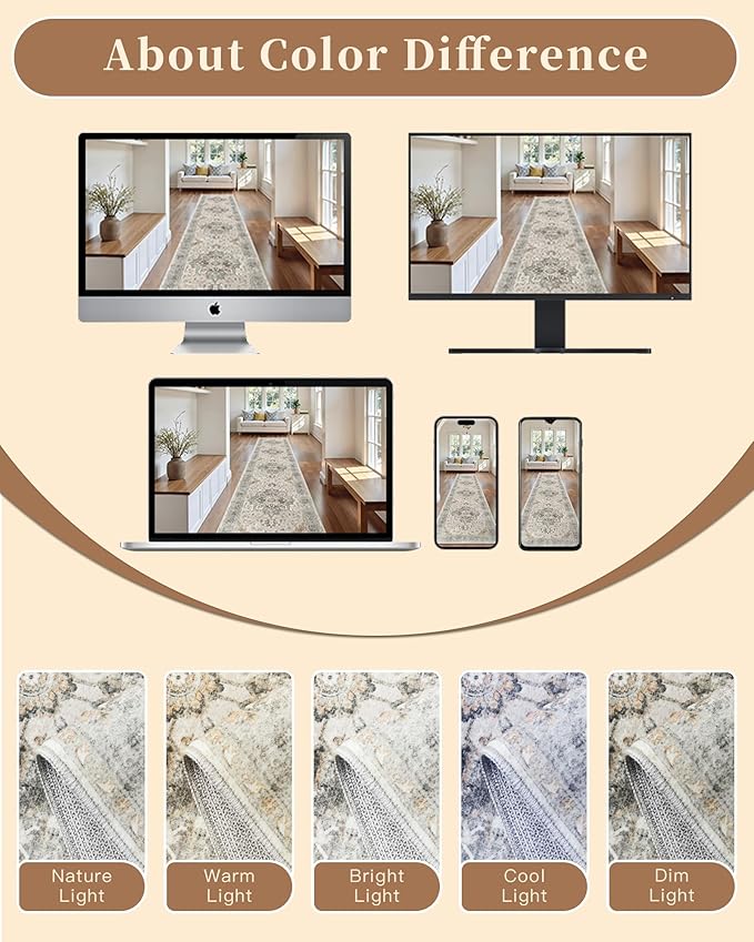 Madane Runner Rug 2x8, Washable Hallway Runner Rugs, Non-Slip Low-Pile Soft Kitchen Rug Runner Laundry Room Rug, Vintage Throw Entry Foyer Mat for Entrance Living Room (Light Taupe Brown, 2 x 8)