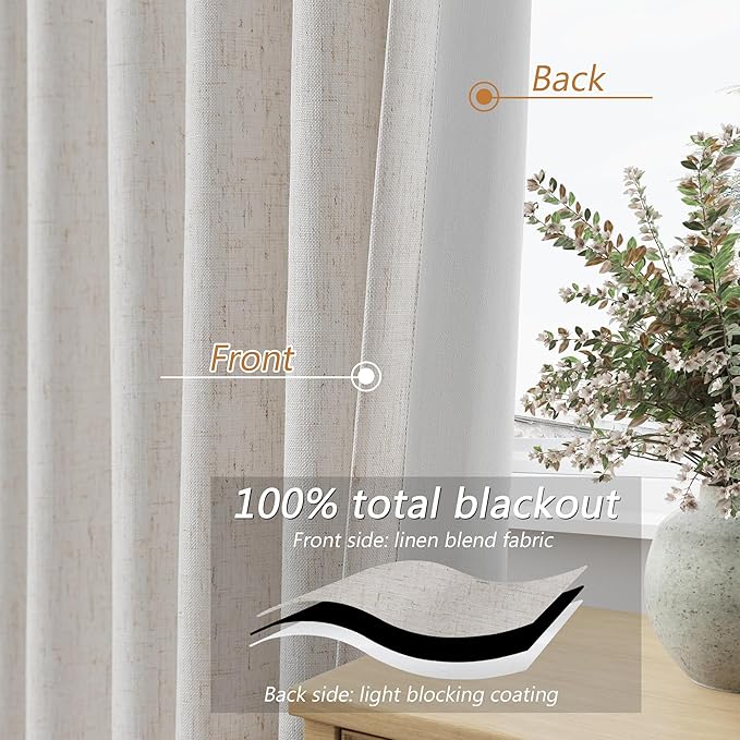 Guken 108 Inch Long Light Beige 100% Blackout Curtains for Living Room Bedroom Back Tab Thermal Insulated Netural Farmhouse Black Out Linen Drapes Room Darkening Window Curtain 2 Panels Set, 9 FT