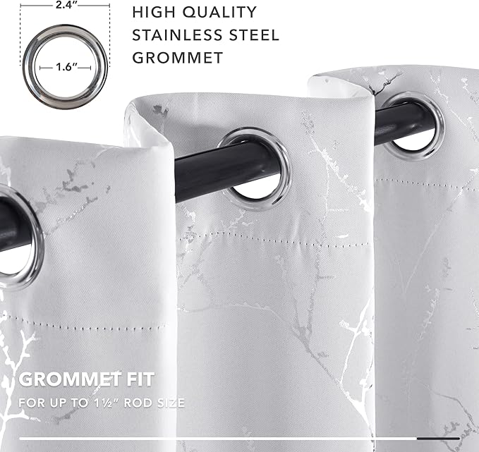 Deconovo Greyish White Curtains, Room Darkening Curtain, Thermal Insulated Soundproof Drapes, Silver Branch Print, 52 x 84 Inch Long, Grommet Window Panels for Living Room Bedroom Patio Door, Set of 2