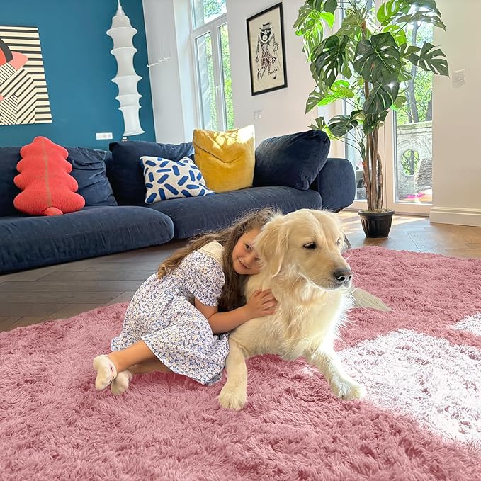 OLANLY 9x12 Machine Washable Large Area Rugs for Living Room, Bedroom, Soft Fluffy Shaggy Bedside Rug, Indoor Floor Carpet for Kids Girls and Boys, Dorms, Nursery, Home Decor Aesthetic, Pale Pink