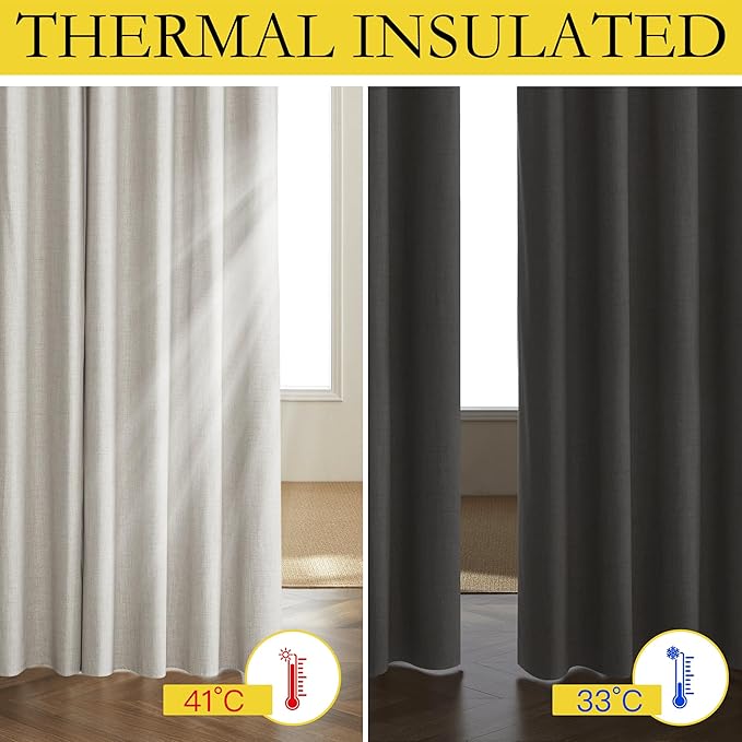 NICETOWN Snowbound Vintage Linen 100% Blackout Curtains for Living Room, Thermal Insulated Curtains 95" Long, Noise Reducing Window Treatment Drapes for Bedroom, 52" Wide Per Panel, Set of 2