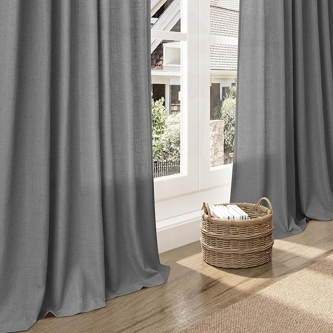 Dark Grey Linen Curtains 96 Inches Long for Living Room Burlap Textured Linen Drapes Rod Back Tab Vintage Rustic Farmhouse Light Filtering Curtain 96 Inch Length for Dinning Room Bedroom 52x96