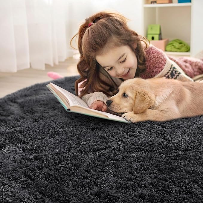 OLANLY Black Round Rugs for Bedroom - Machine Washable, 6 ft Circle Area Rugs for Living Room, Soft and Fluffy Shaggy Carpet for Teen Girls and Boys, Nursery Rooms, Dorms, Home Decor Aesthetic