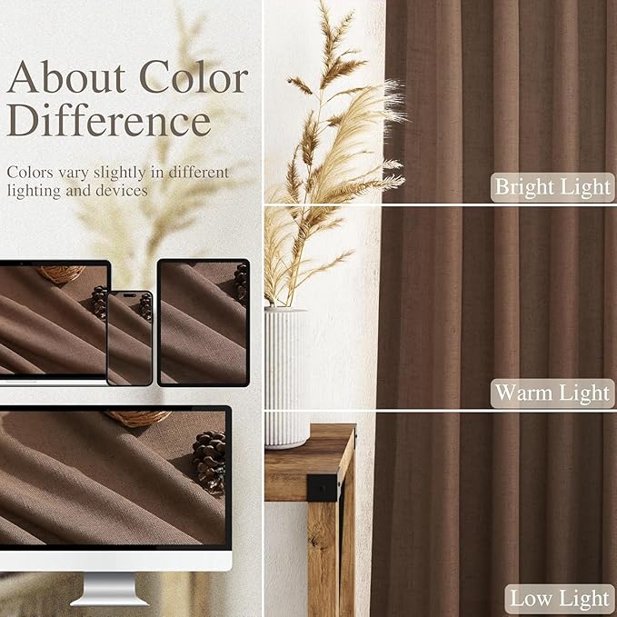 Nanspring Caramel Brown Linen Curtains for Living Room 92 Inches Long Back Tab Light Filtering Semi Sheer Vintage Rustic Curtain Luxury Boho Decor Drapes for Bedroom Office 52x92, 2 Panels