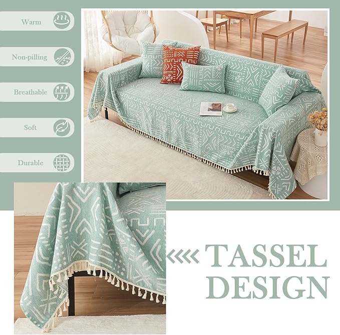 HANDONTIME Farmhouse Couch Cover Tassel Light Green Sofa Covers for Dogs Boho Décor Geometric Aztec Couch Cushion Cover Sofa Protector Cover Sectional Couch Covers for 3 Cushion Couch, 71" X134"