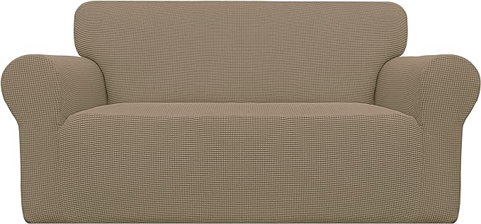 Easy-Going Stretch Loveseat Slipcover 1-Piece Sofa Cover Furniture Protector Couch Soft with Elastic Bottom for Kids Polyester Spandex Jacquard Fabric Small Checks (Loveseat, Tan)