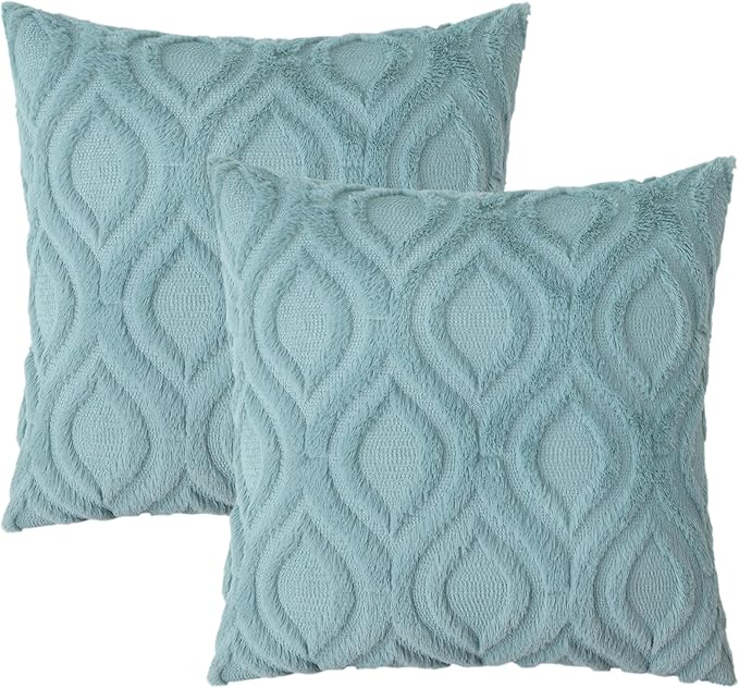 decorUhome Summer Throw Pillow Covers 16x16 Inch Set of 2, Soft Plush Faux Wool Aqua Solid Couch Pillow Covers, Accent Farmhouse Neutral Square Pillow Cases for Sofa Bed Living Room
