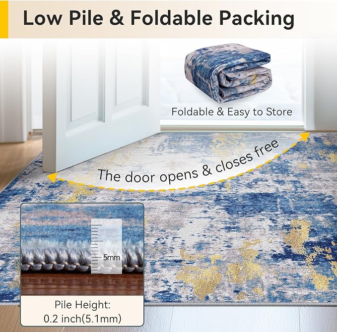 Washable Area Rugs 4'x5' Non-Slip Modern Abstract Soft for Living Room Entryway Bedroom Nursery, Print Pattern, Grey Blue Gold/Golden