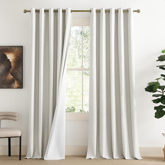 NICETOWN Extra Long Linen 100% Blackout Curtains 120 inches Length 2 Panels Set with Thermal Insulated Liners, Ivory, 62" Width, Farmhouse Style Window Draperies for Patio Sliding Glass Door