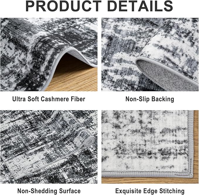 8x10 Area Rugs for Living Room - Washable Rug Modern Abstract Soft Large Neutral Non-Slip Carpet Indoor Floor Thin Carpets for Bedroom Dining Room Farmhouse Nursery Home Office Black