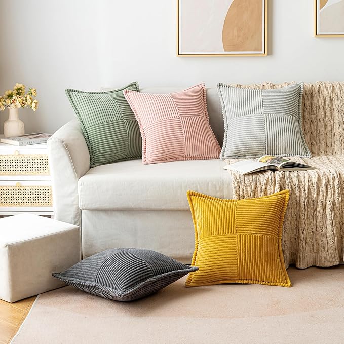 MIULEE Decorative Euro Sham Throw Pillow Covers for Couch Bed Livingroom 24x24 Inch Set of 2 Light Olive Green Boho Accent Throw Pllows Broadside Striped Patchwork Soft Corduroy Summer Pillowcases