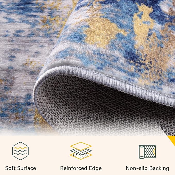 Washable Area Rugs Square 6ft Non-Slip Modern Abstract Soft for Living Room Entryway Bedroom Nursery, Print Pattern, Grey Blue Gold/Golden