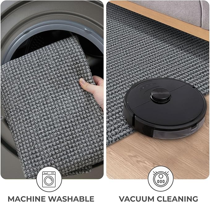 KOZYFLY Washable Area Rug 6x9 ft Rubber Backed Non Slip Rugs for Living Room Braided Cotton Bedroom Rug Woven Office Rugs Indoor Floor Carpets for Dining Bedroom Living Room, Grey/Dark Grey