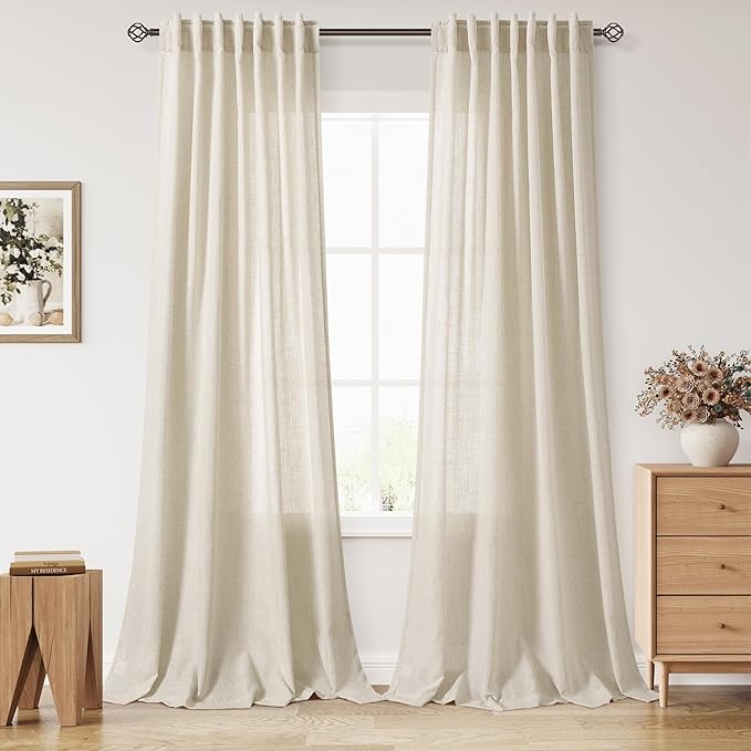 Nanspring 108 Inch Long Curtains for Living Room Birch Beige Linen Modern Farmhouse Decor Light Filtering Semi Sheer Curtain Back Tab Luxury Floor to Ceiling High Window for Bedroom 52x108, 2 Panels