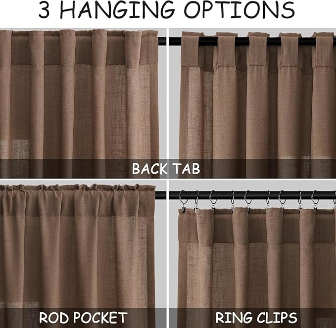 Caramel Brown Linen Curtains for Living Room Extra Long 126 Inches Long Back Tab Light Filtering Semi Sheer Curtain Vintage Rustic Decor Floor to Ceiling High Window for Bedroom 52x126, 2 Panels