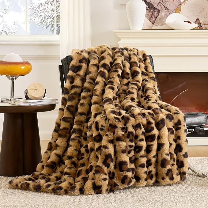 Cozy Bliss Cheetah Leopard Print Faux Fur Throw for Couch, Fuzzy Soft Plush Thick Bubble Blanket for Sofa Bedroom Living Room, 50x60 Inches Brown