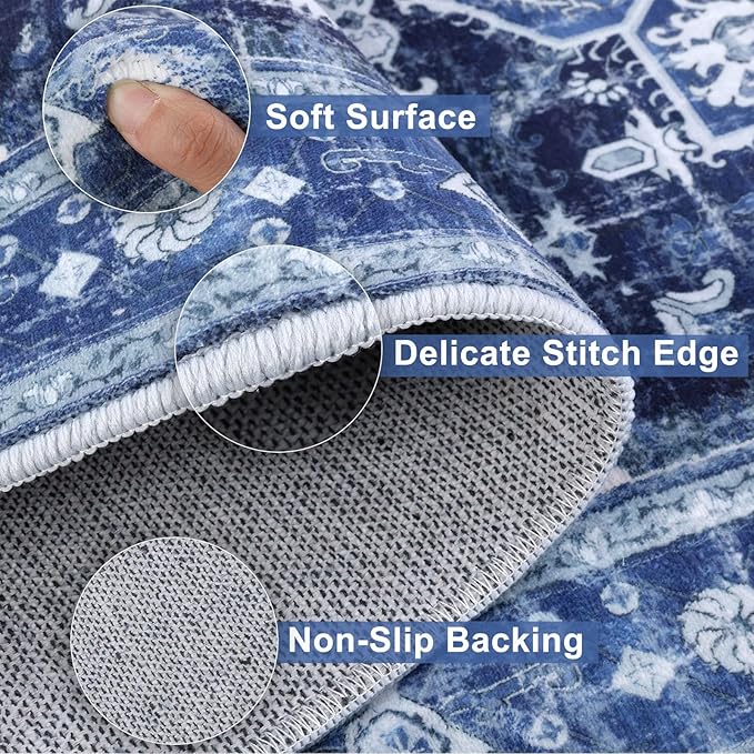 Yamaziot Washable Runner Rug, 2x10 Non-Slip Boho Vintage Hallway Rug Runner with Rubber Backing, Stain Resistant & Low Pile Faux Wool Distressed Carpet Runner for Kitchen, Laundry, Entrance, Blue